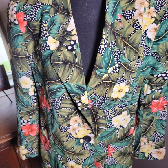 VINTAGE 80'S LIZ CLAIBORNE FLORAL TROPICAL ANIMAL PRINT BLAZER - Picture 3 of 11